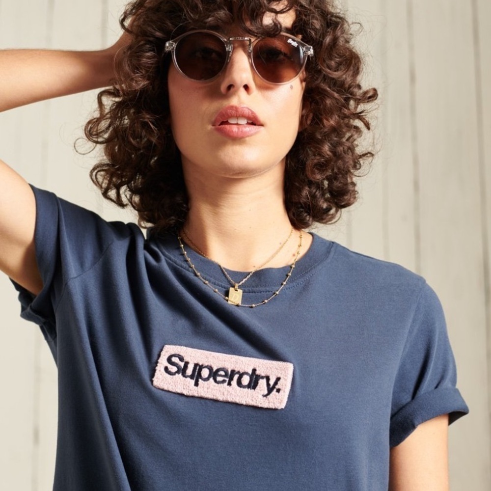 Superdry logo tee blue fuzzy tee L blue nwot women’s casual streetwear fall